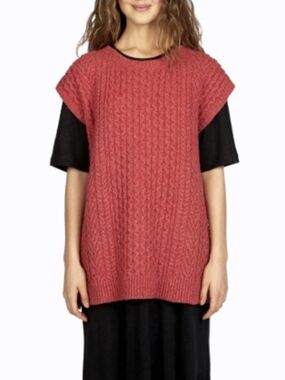 Irelands Eye Wool Cashmere Silk Blend Fennel Oversized Aran Sweater Vest Coral M